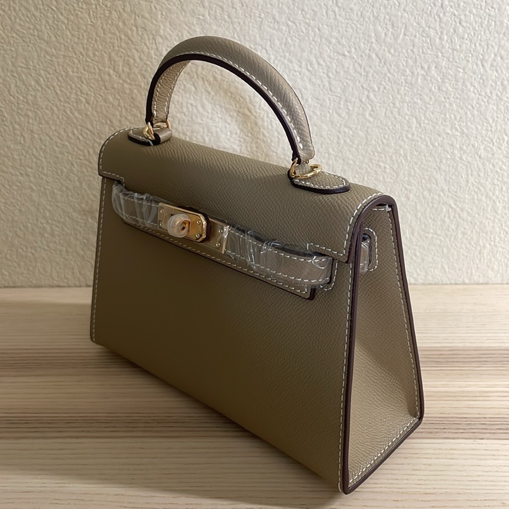 Top Handle Leather Belted Satchel in Taupe 19cm